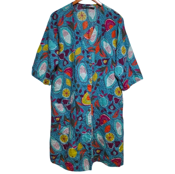 Gudrun Sjoden Sweaters - Gudrun Sjoden Button Front Linen Duster in Fruit Print Size Large